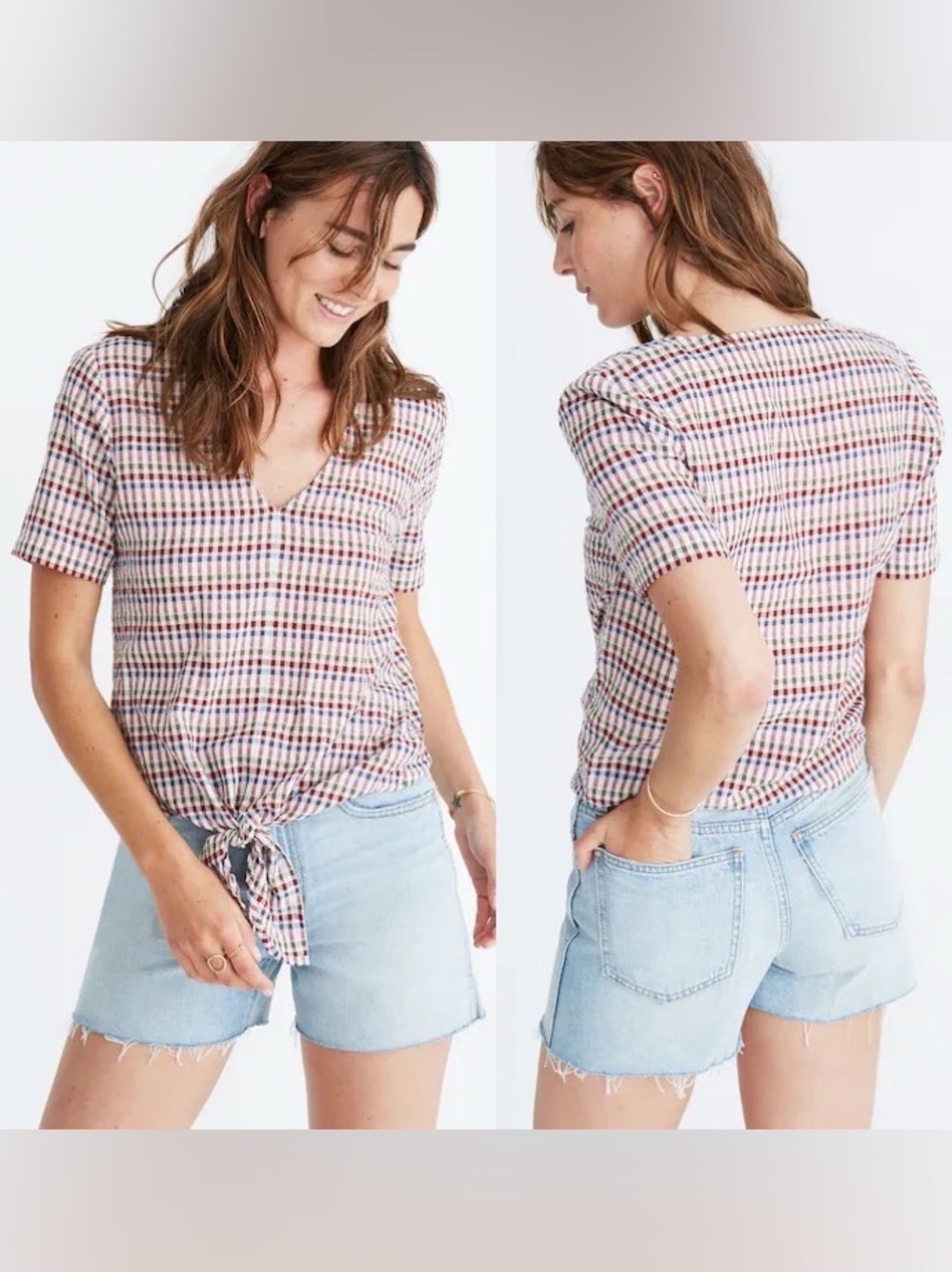 Madewell Novel Tie-Front Top in Rainbow Gingham Check size XS